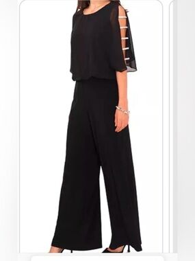 Women's Black Wide-Leg Jumpsuit with rhinestone Sleeve Cutouts Large 14/16